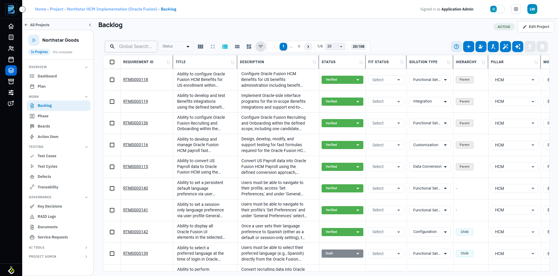 BriefSpec Backlog showing requirements table with columns and filters