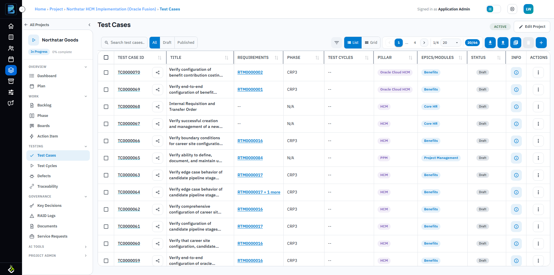 BriefSpec Test Cases page showing test case table with columns and toolbar