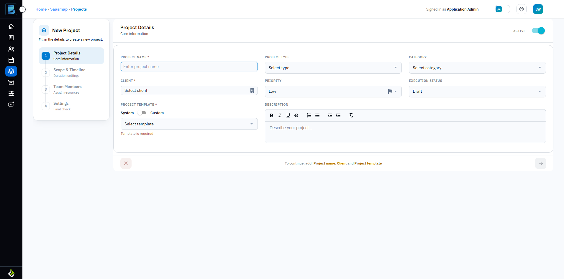 BriefSpec New Project form with all fields