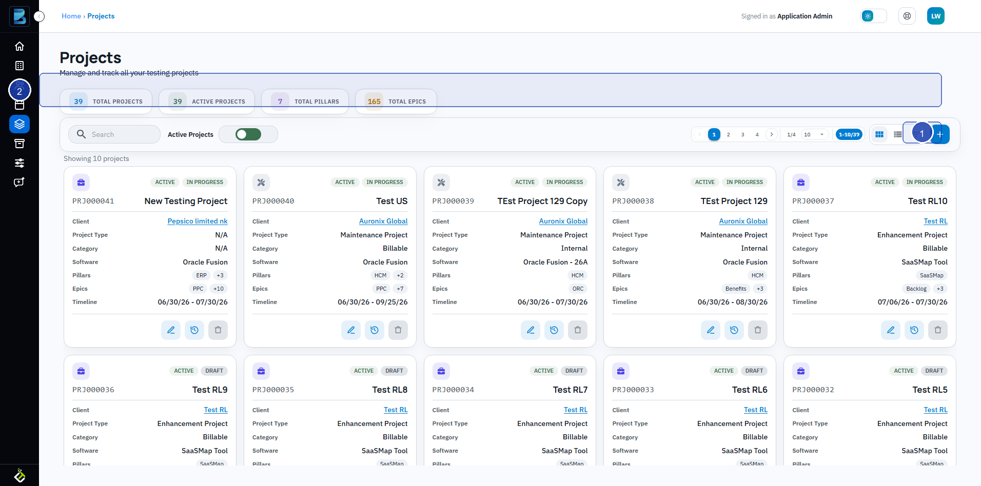 BriefSpec Projects page with Add project button and metric cards highlighted