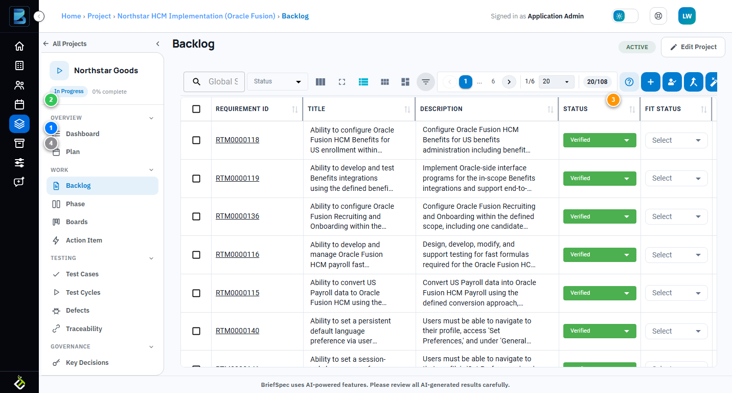BriefSpec Backlog page with numbered sections