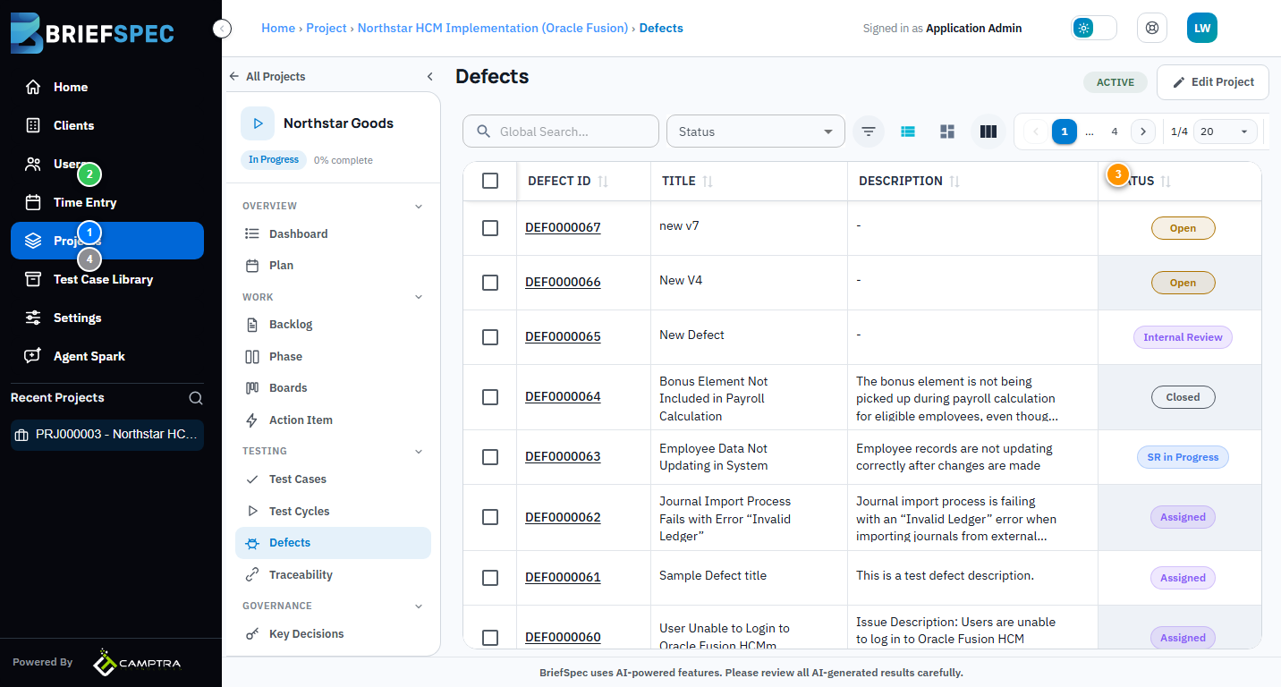 BriefSpec Defects page