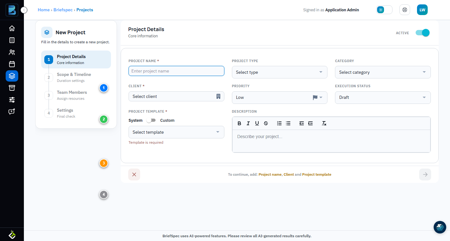 BriefSpec New Project form - Step 1 Project Details