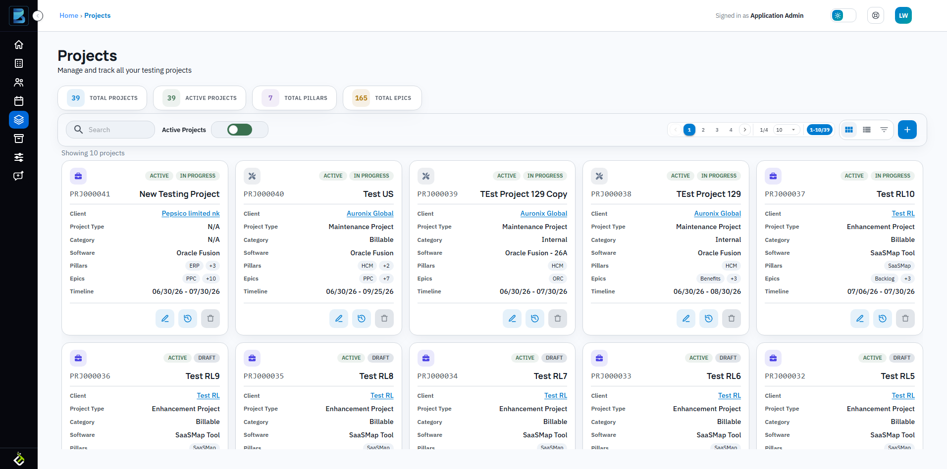 BriefSpec Projects grid showing project cards and metric cards