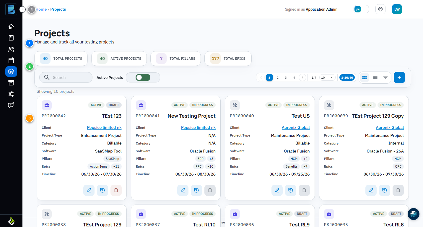 BriefSpec Projects page with numbered sections