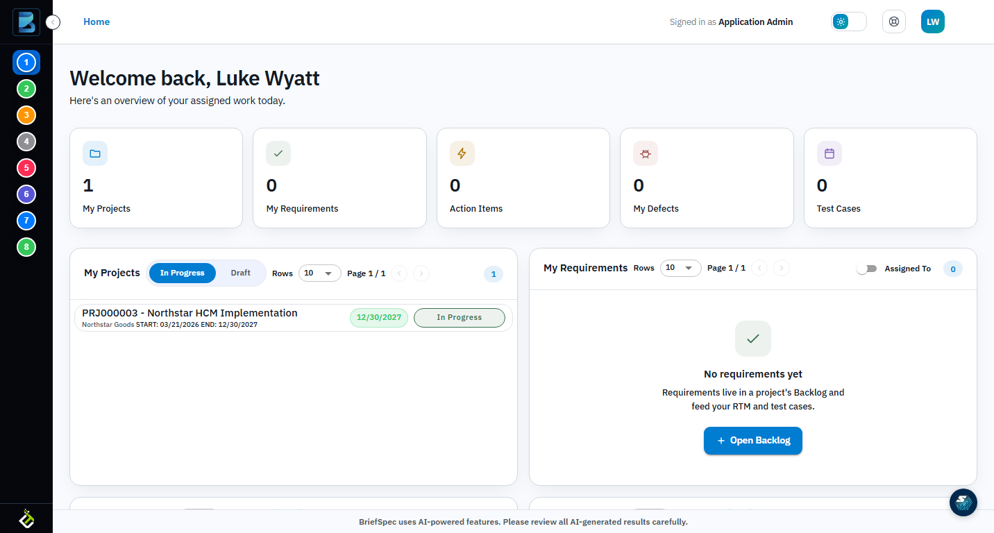 BriefSpec collapsed sidebar with numbered navigation items