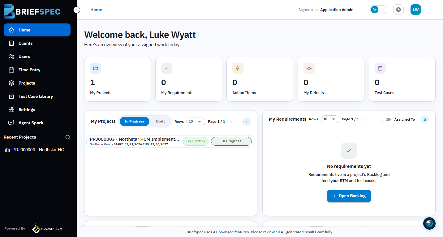 BriefSpec expanded sidebar with full text labels