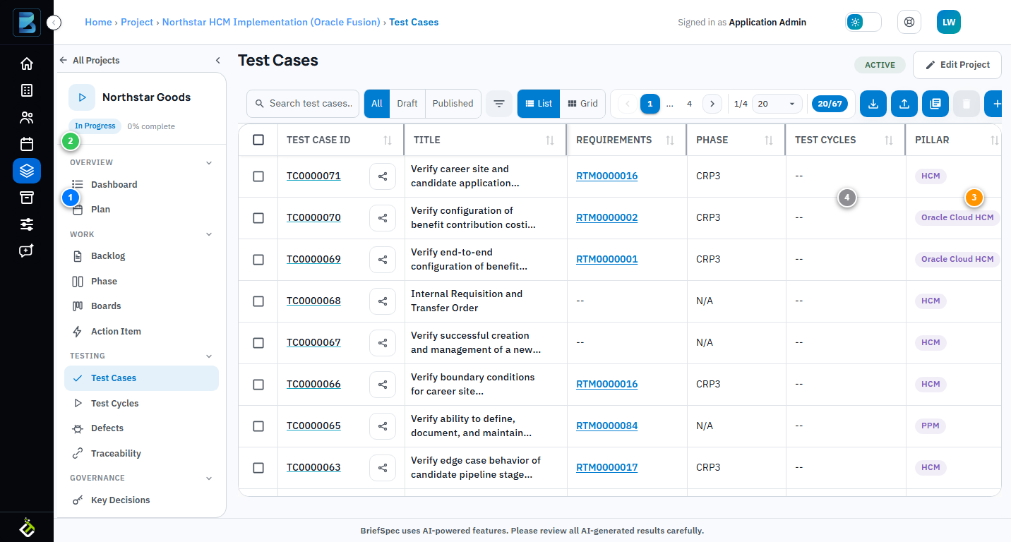 BriefSpec Test Cases page with numbered sections