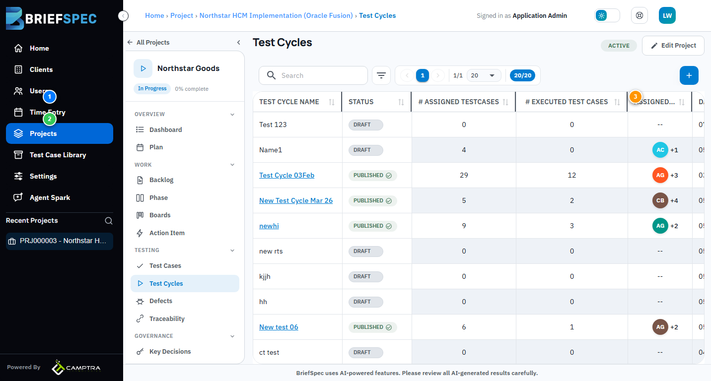 BriefSpec Test Cycles page