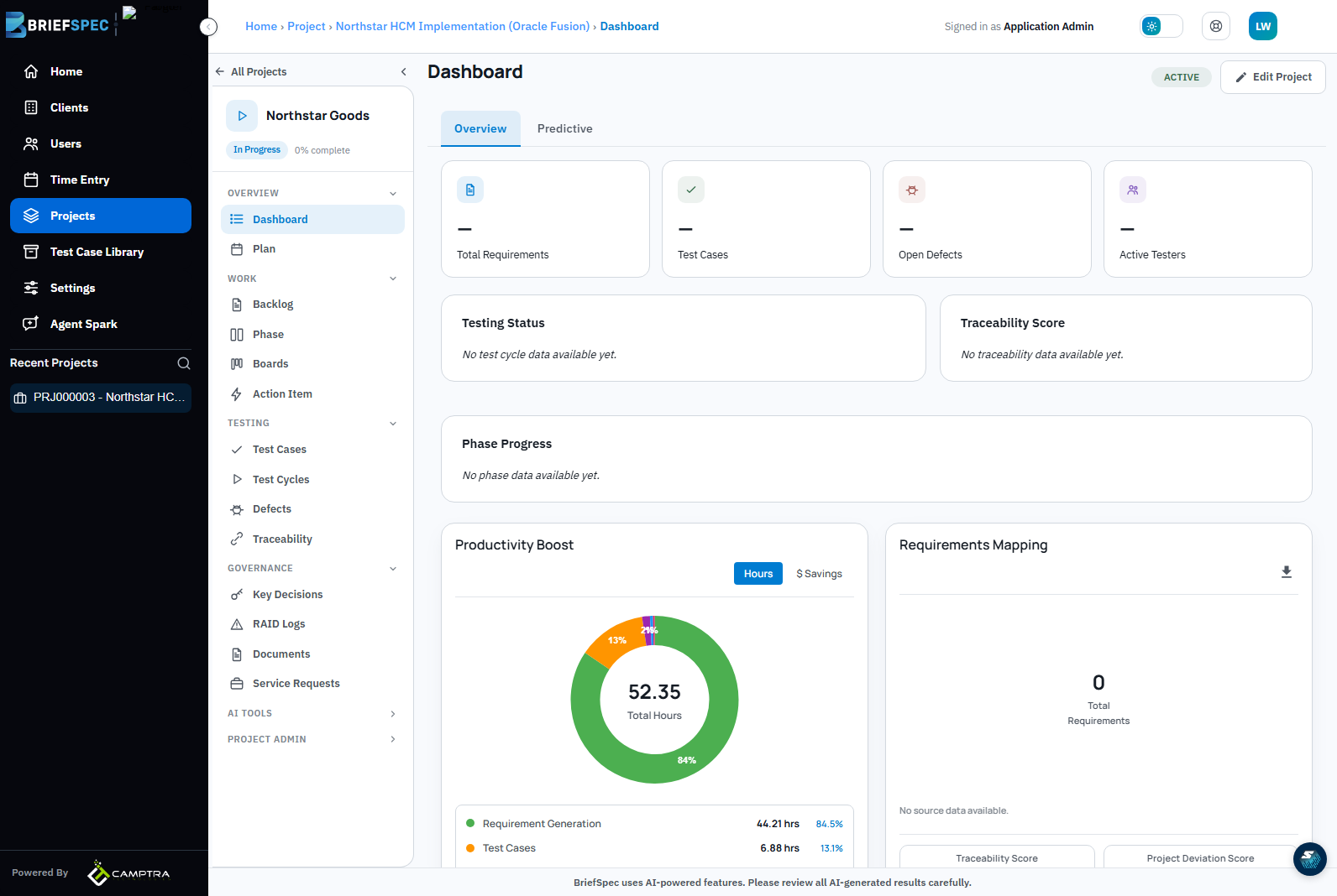 BriefSpec project workspace sidebar with section tabs