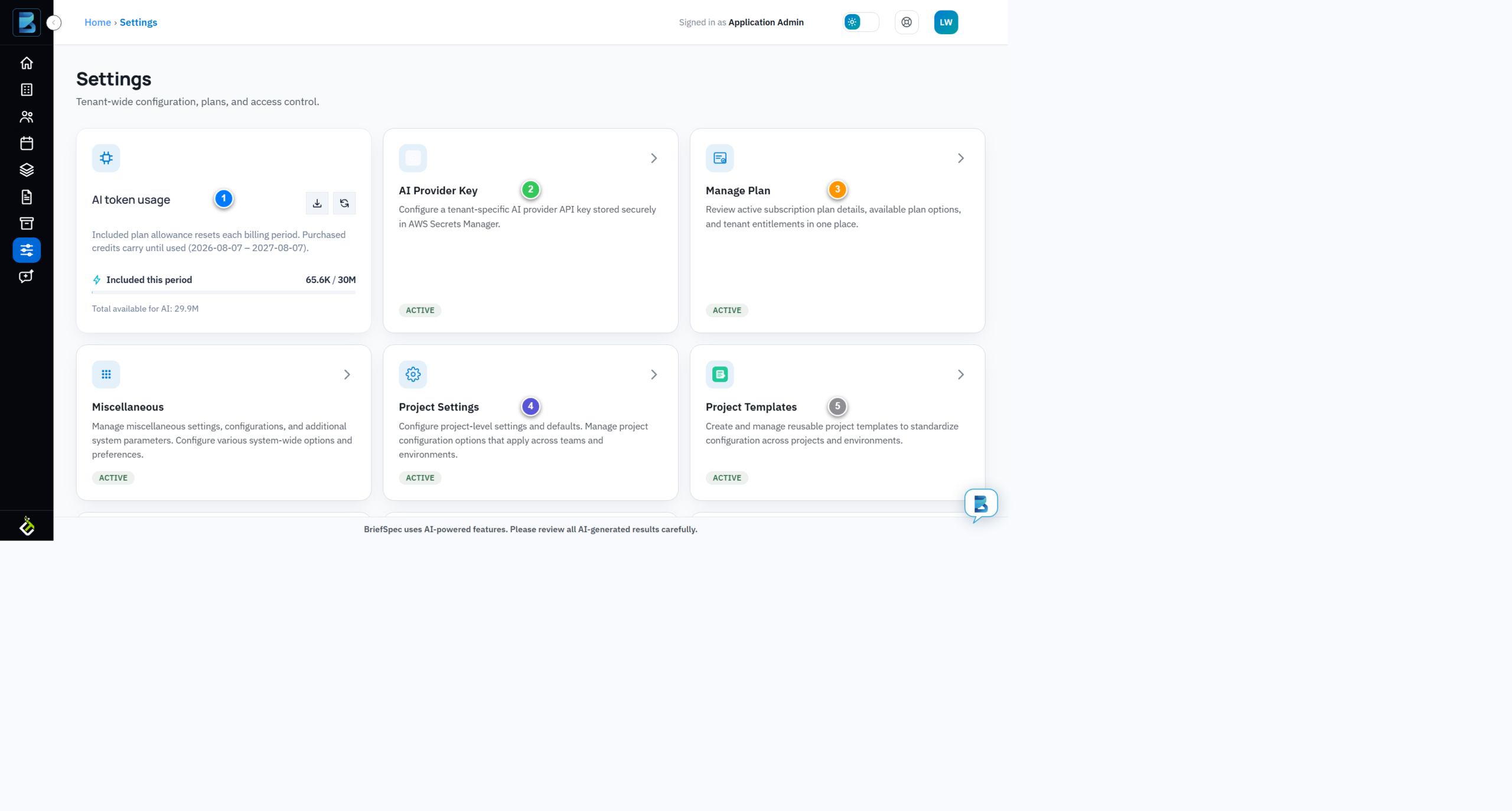 BriefSpec Settings page showing the account-level configuration cards