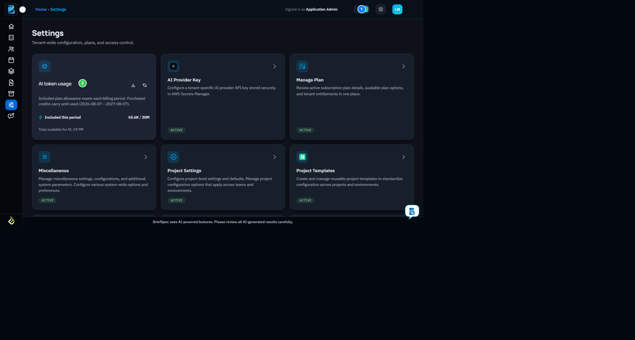 BriefSpec Settings page in dark mode with the theme toggle highlighted