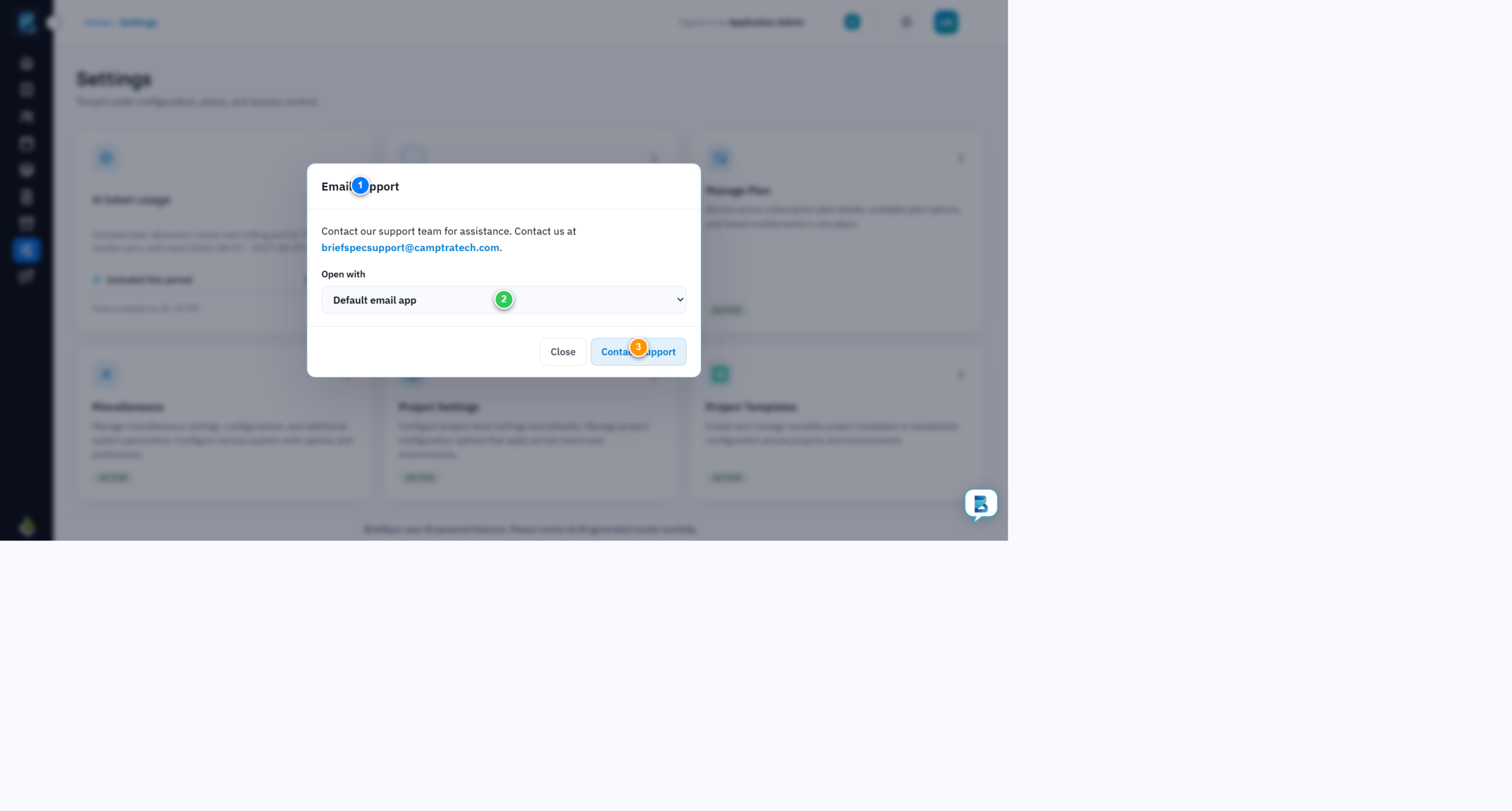 BriefSpec Email Support dialog showing the Open with dropdown for choosing Gmail, Outlook, or the default email app