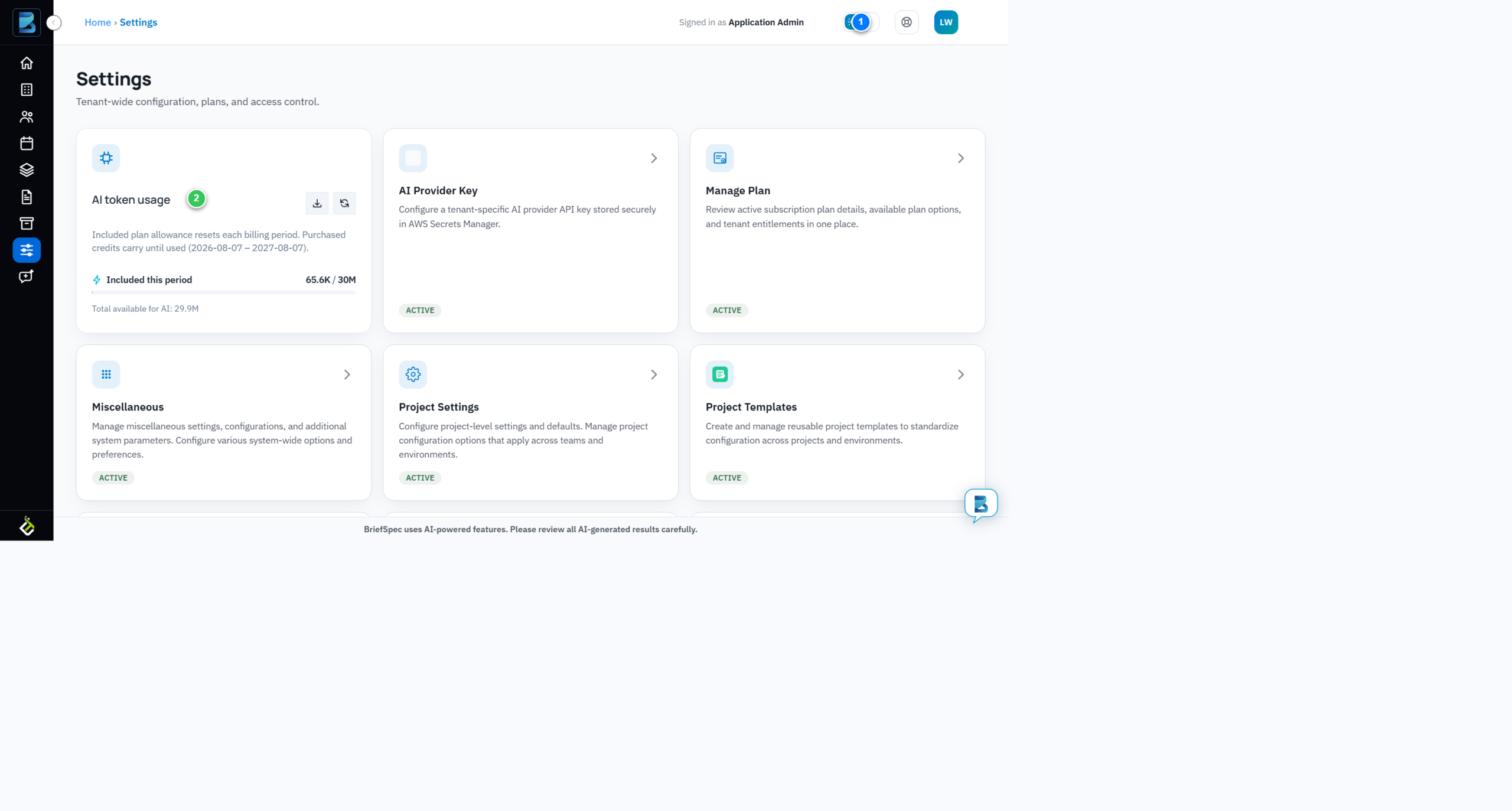 BriefSpec Settings page in light mode with the theme toggle highlighted
