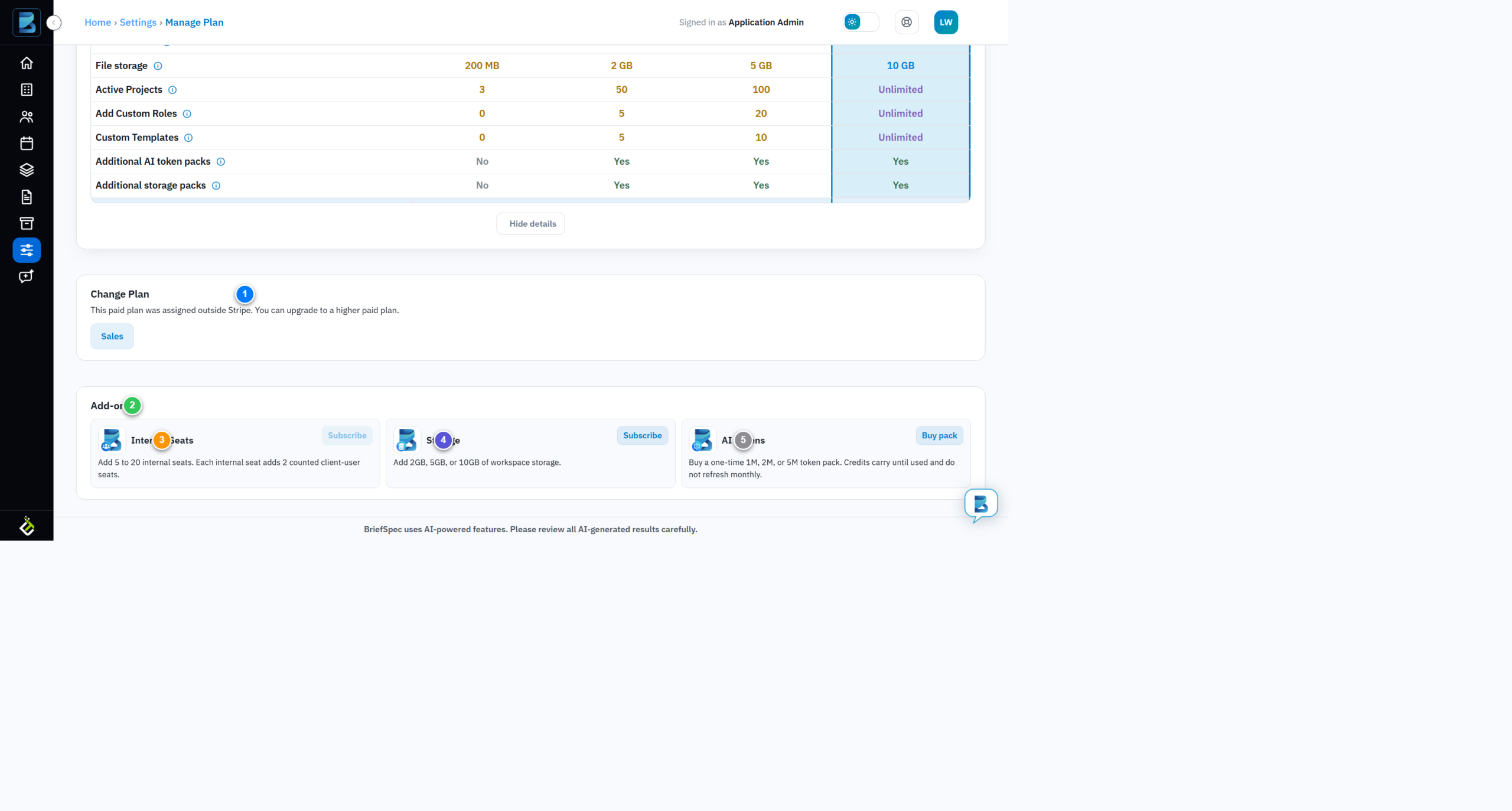 BriefSpec Change Plan and Add-ons sections with seats, storage, and AI token cards