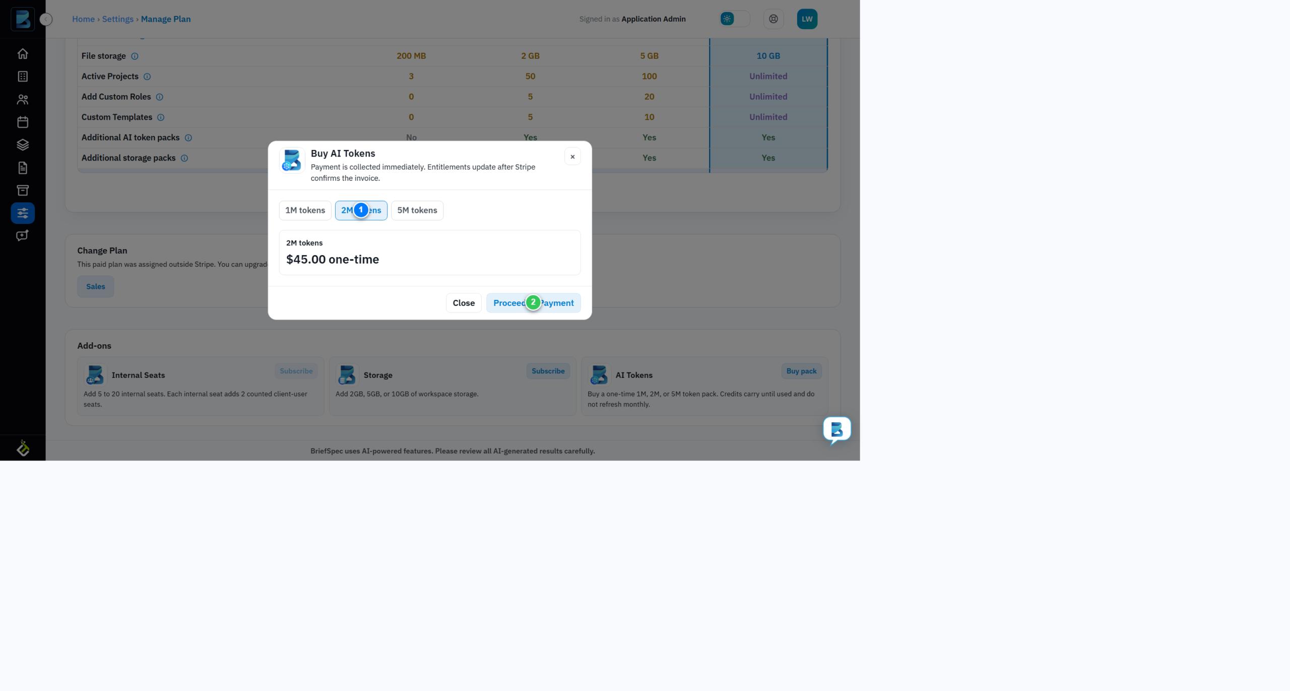 Buy AI Tokens modal with token pack selection and Proceed to Payment button