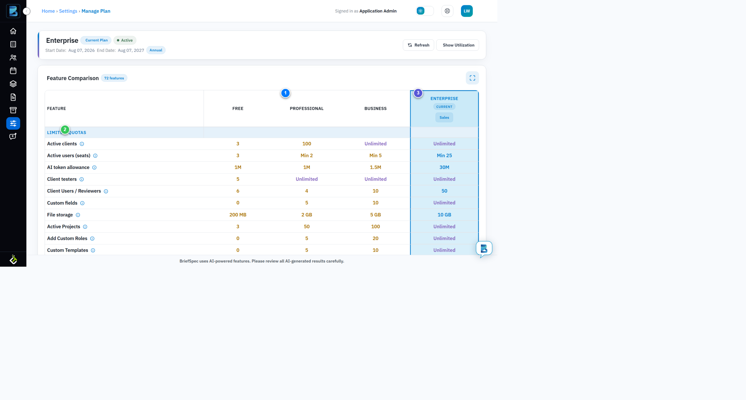 BriefSpec feature comparison table expanded, showing plan tiers and feature section groupings