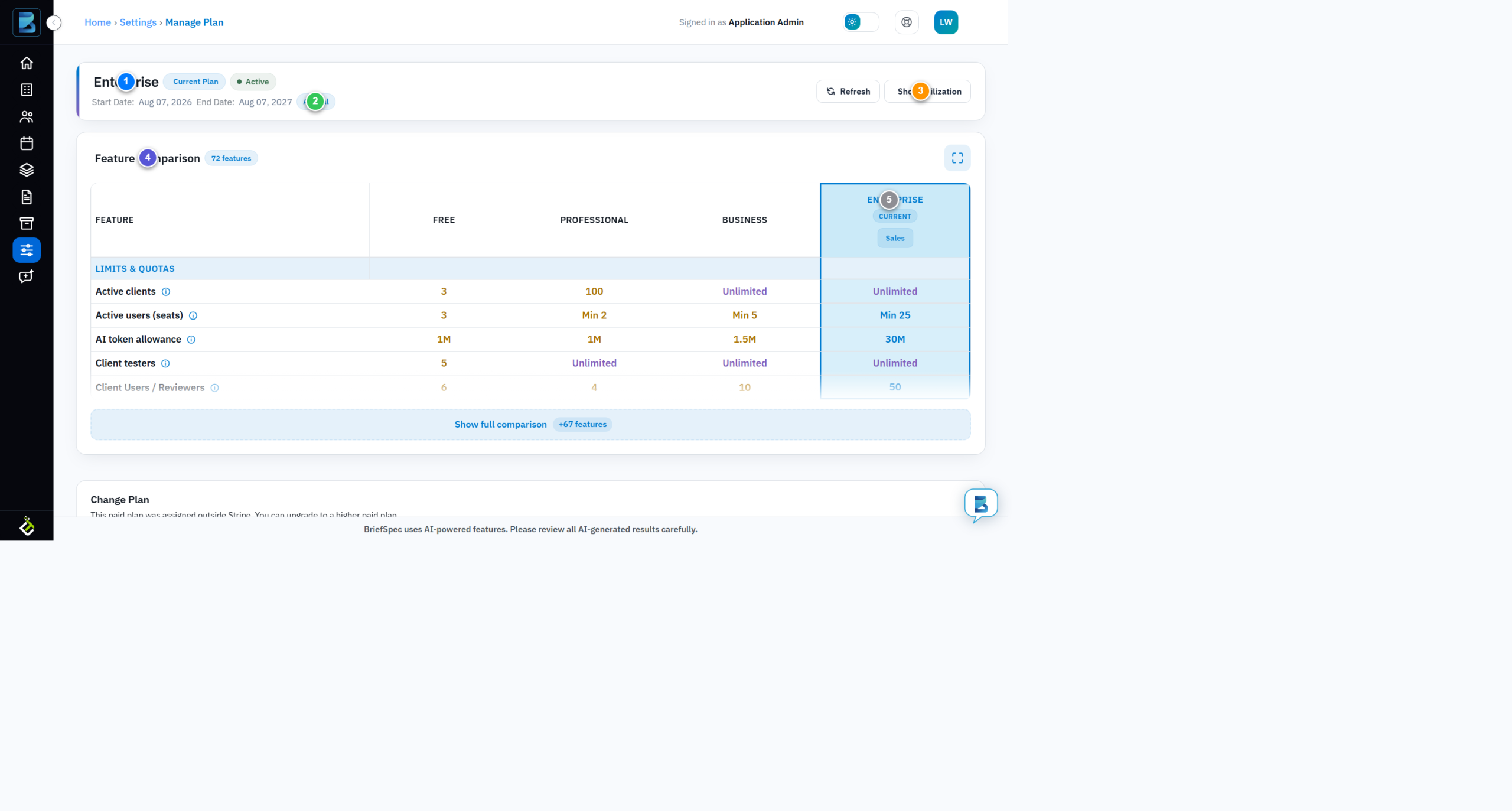 BriefSpec Manage Plan page showing the current Enterprise plan card and the feature comparison table
