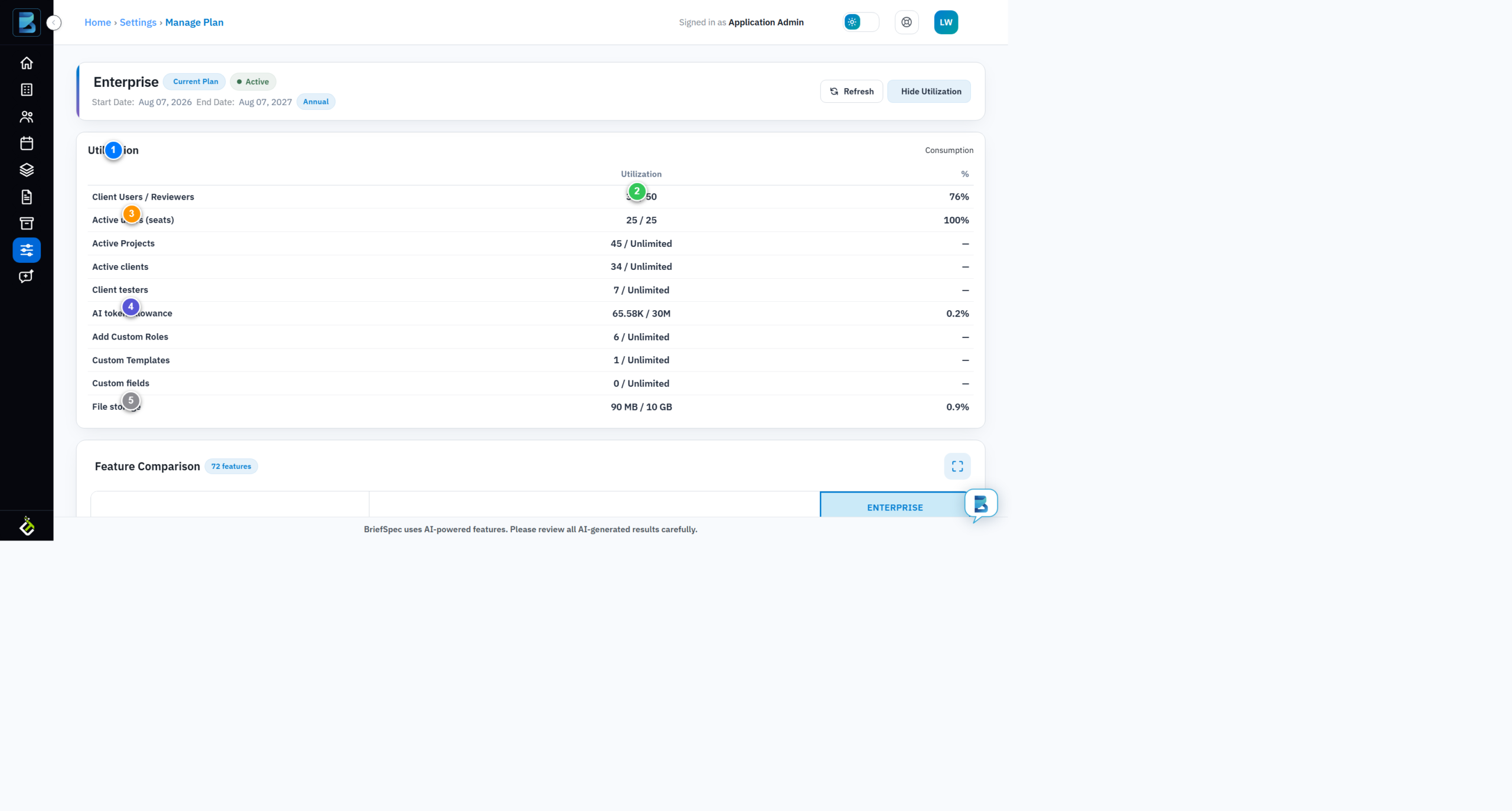 BriefSpec utilization table showing consumption of seats, AI tokens, and storage against plan limits