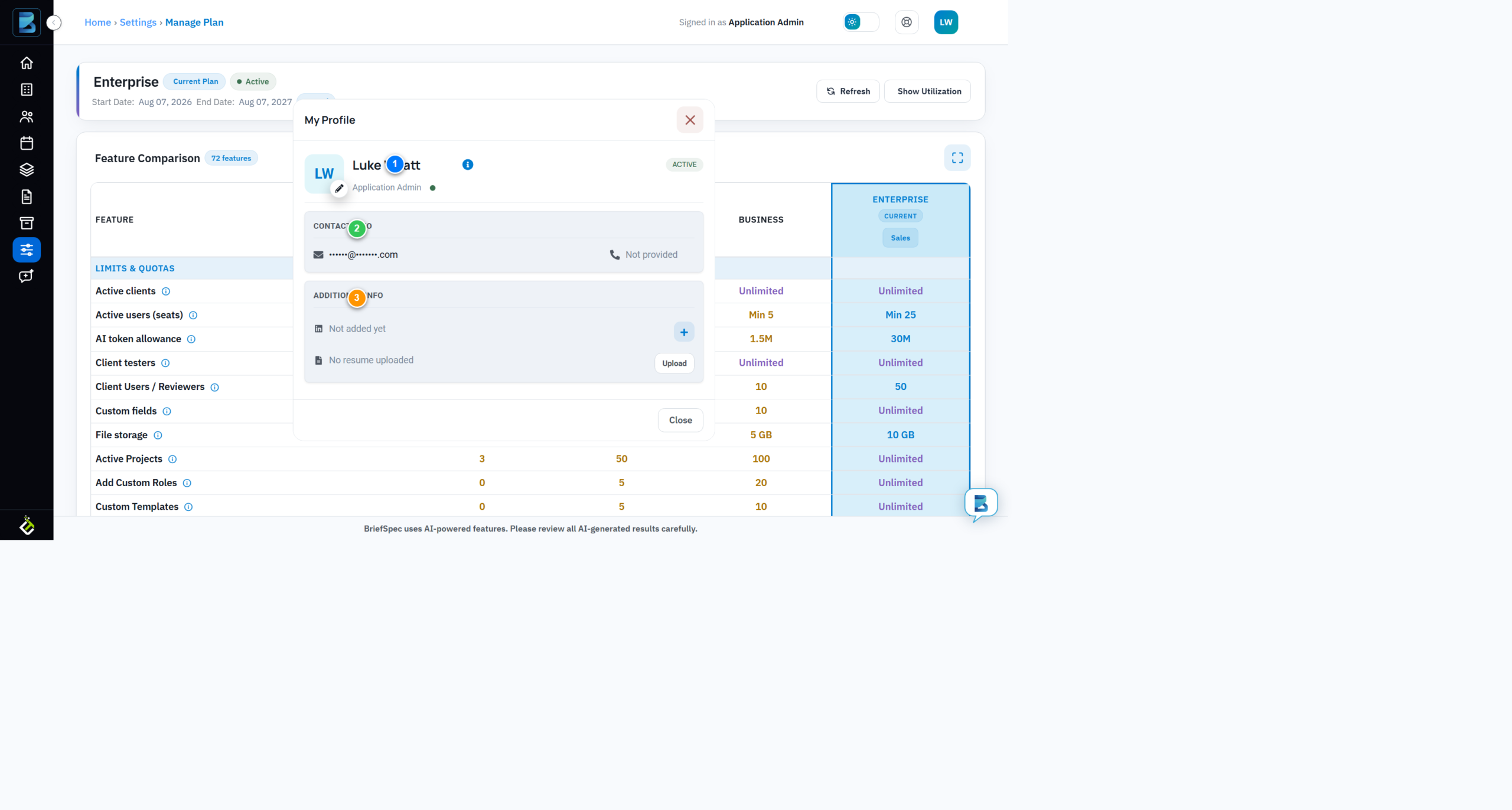 BriefSpec My Profile modal showing name, role, contact info, and additional info